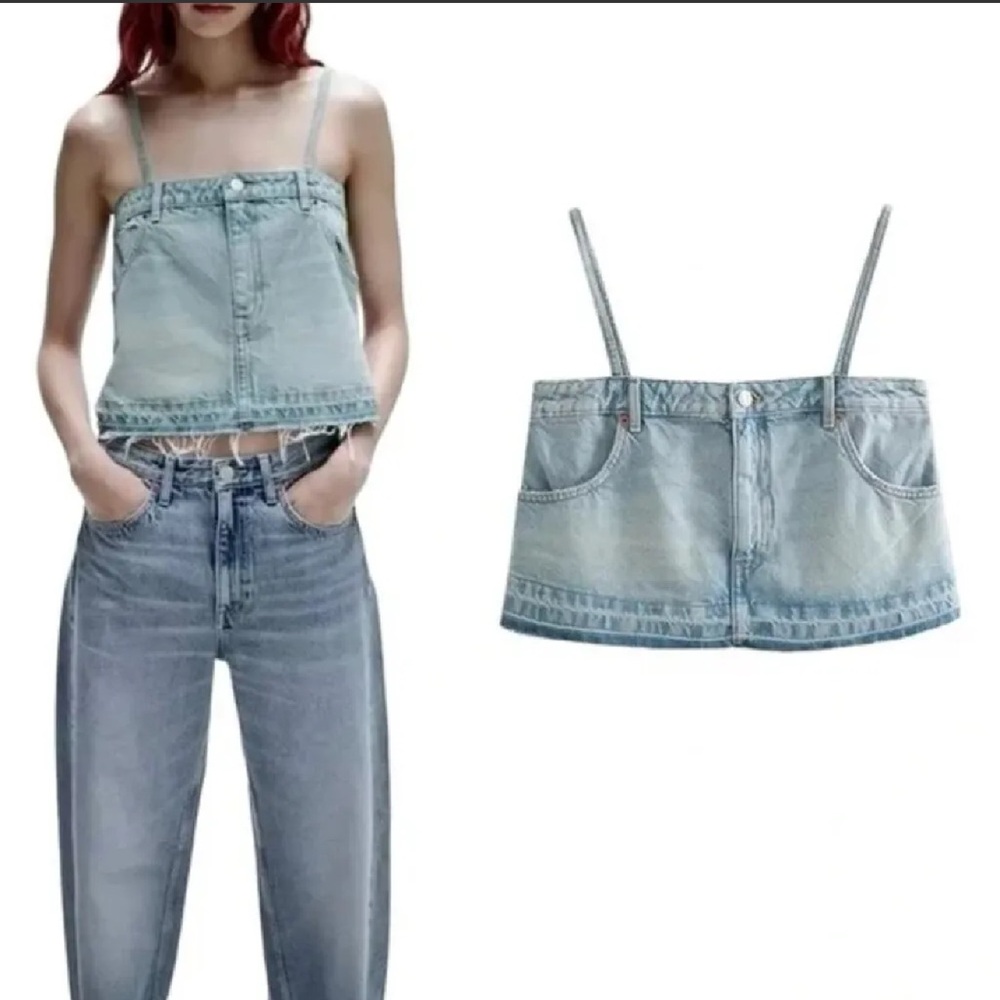 NWOT - ZARA Jean Cropped Pants Spaghetti Strap Blue Wash Crop Top - Picture 4 of 4